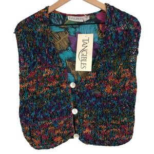 VTG NWT Tangibles Knit Cotton Vest Tropical Floral Back Sz S Multi Color Boho